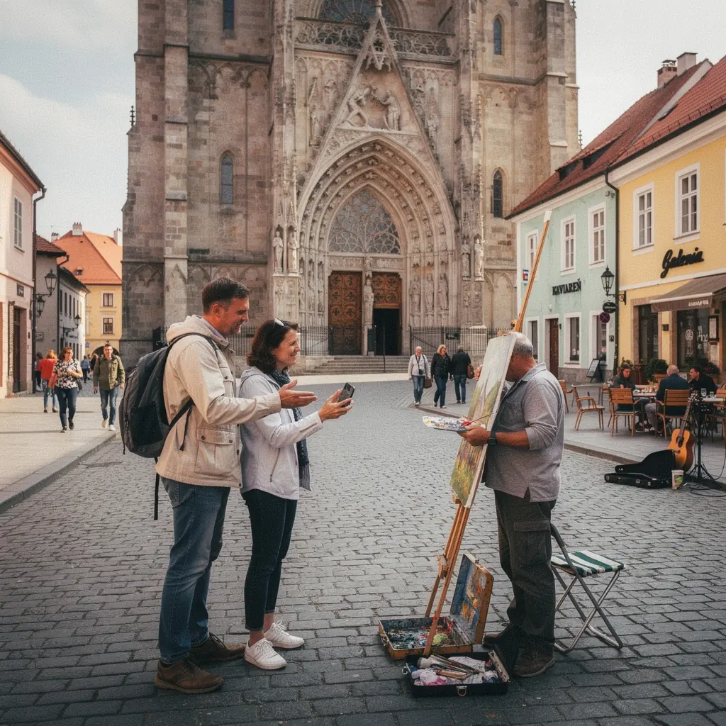 Miestny sprievodca vysvetľuje kultúrne zvyky návštevníkom na námestí v Prešove.