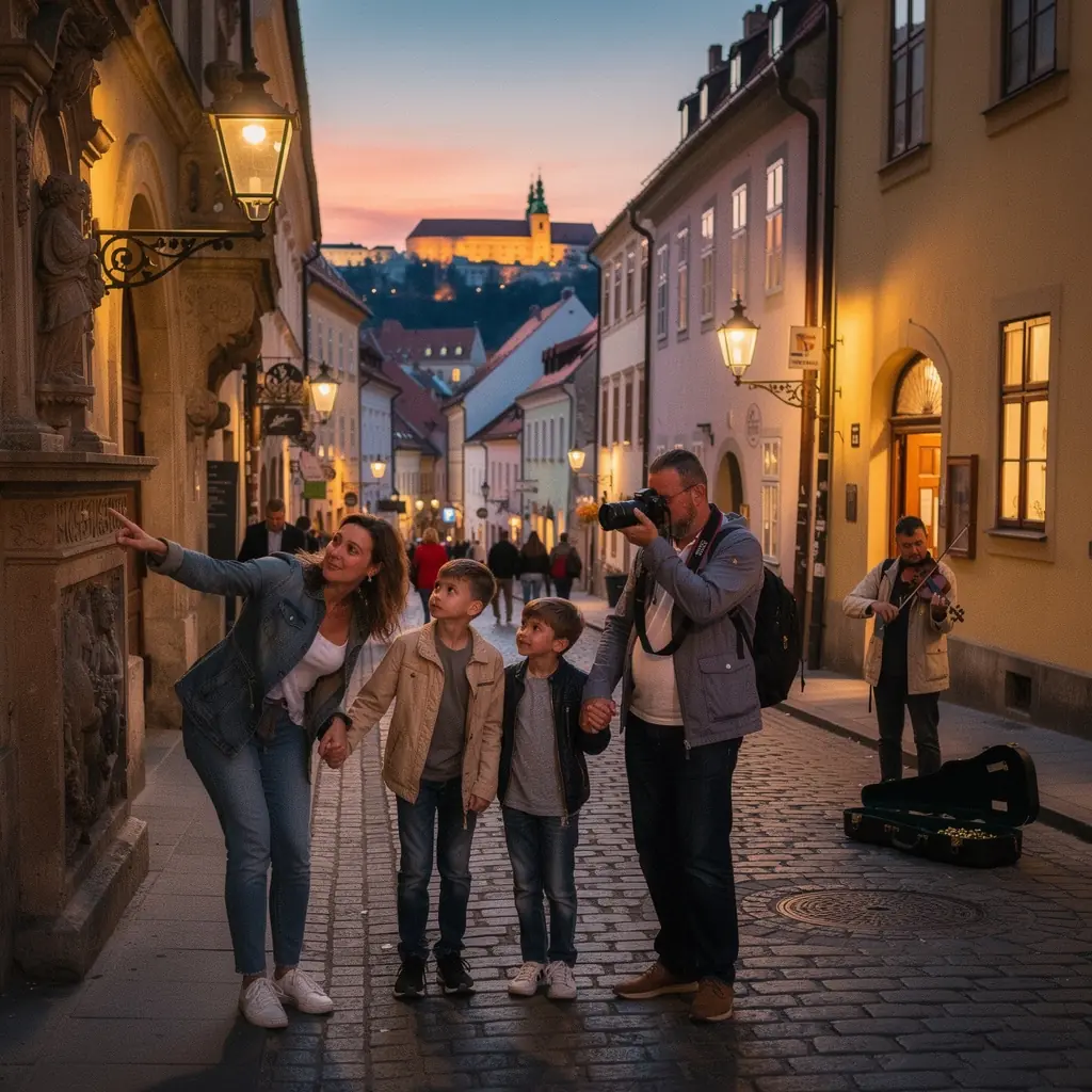 Skupina turistov sa učí základné frázy slovenčiny pri historickej budove.